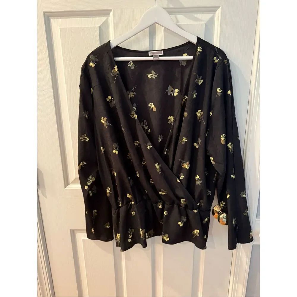 Chelsea 28 Black Surplice Yellow Floral Plum Blouse s XXL EUC